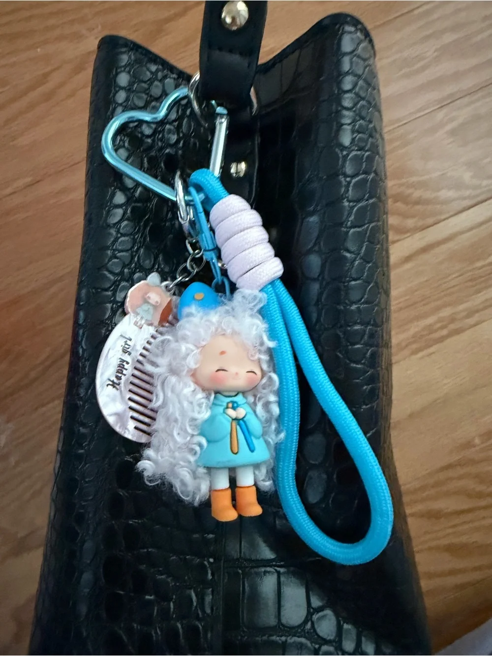 Source Unknown Blue Curly-Hair Girl Bag Charm with White Hair